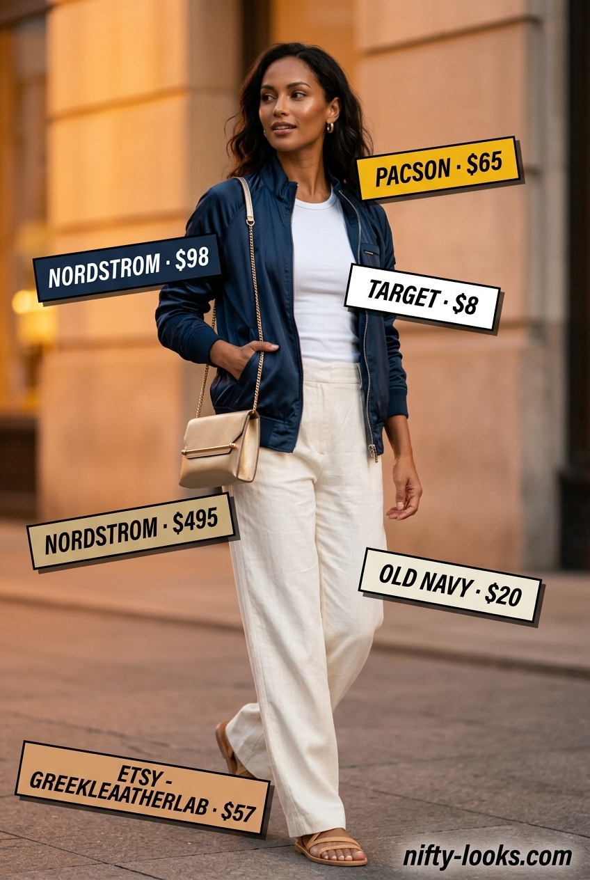 Sunset city stroll outfit with a navy blue satin bomber jacket, palazzo pants, and gold accessories. Summer Satin Bomber Outfits for Women 2026.