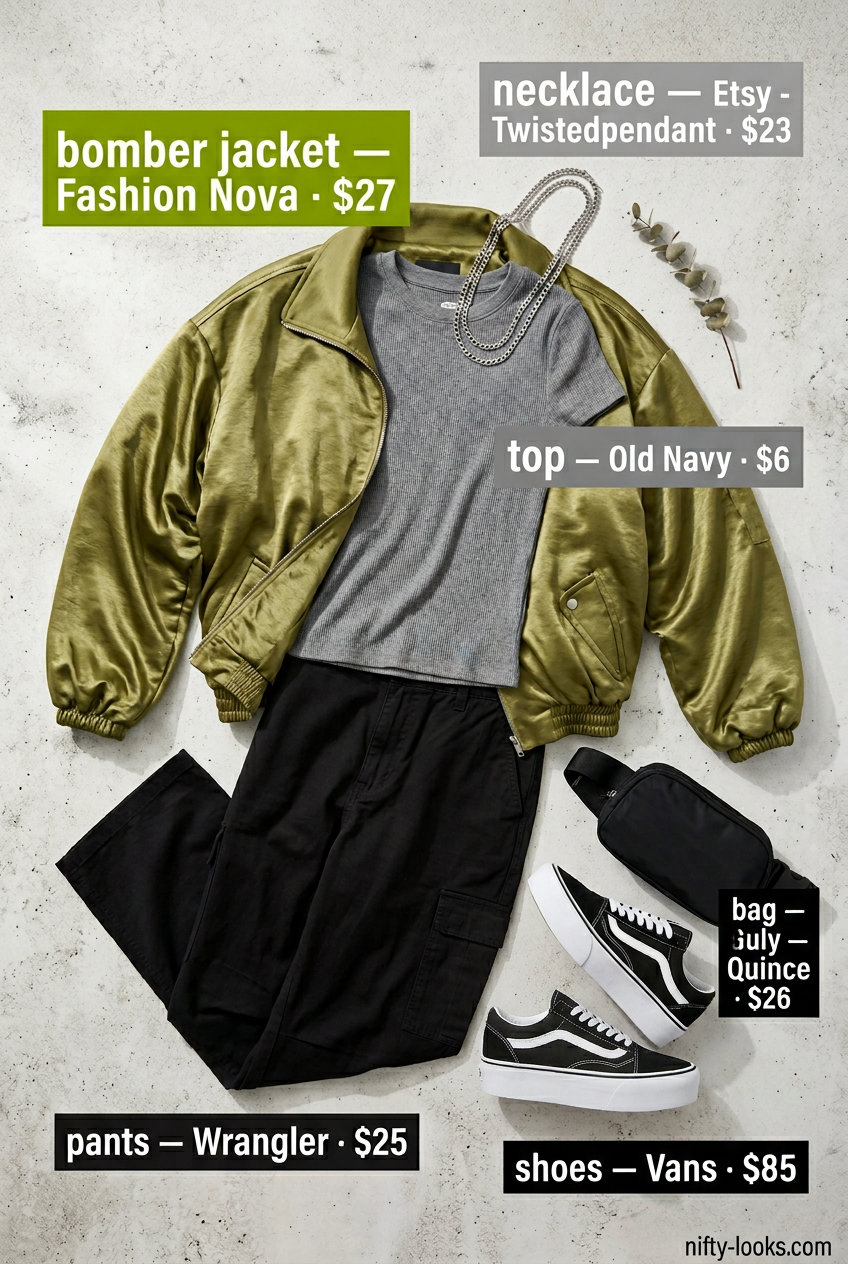 Urban explorer outfit with an olive green satin bomber jacket, cargo pants, and sneakers. Summer Satin Bomber Outfits for Women 2026.