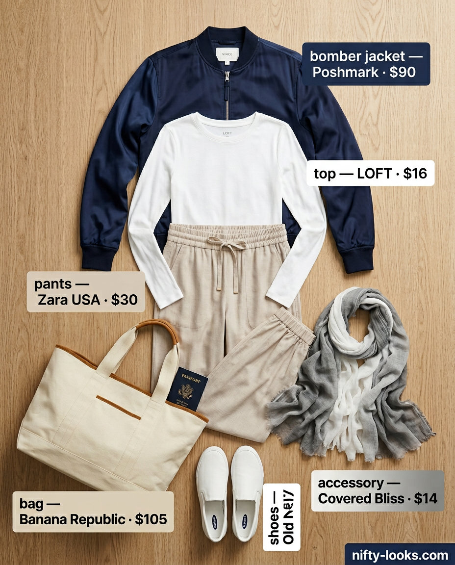 Weekend getaway outfit with a navy blue satin bomber jacket, joggers, and sneakers. Summer Satin Bomber Outfits for Women 2026.