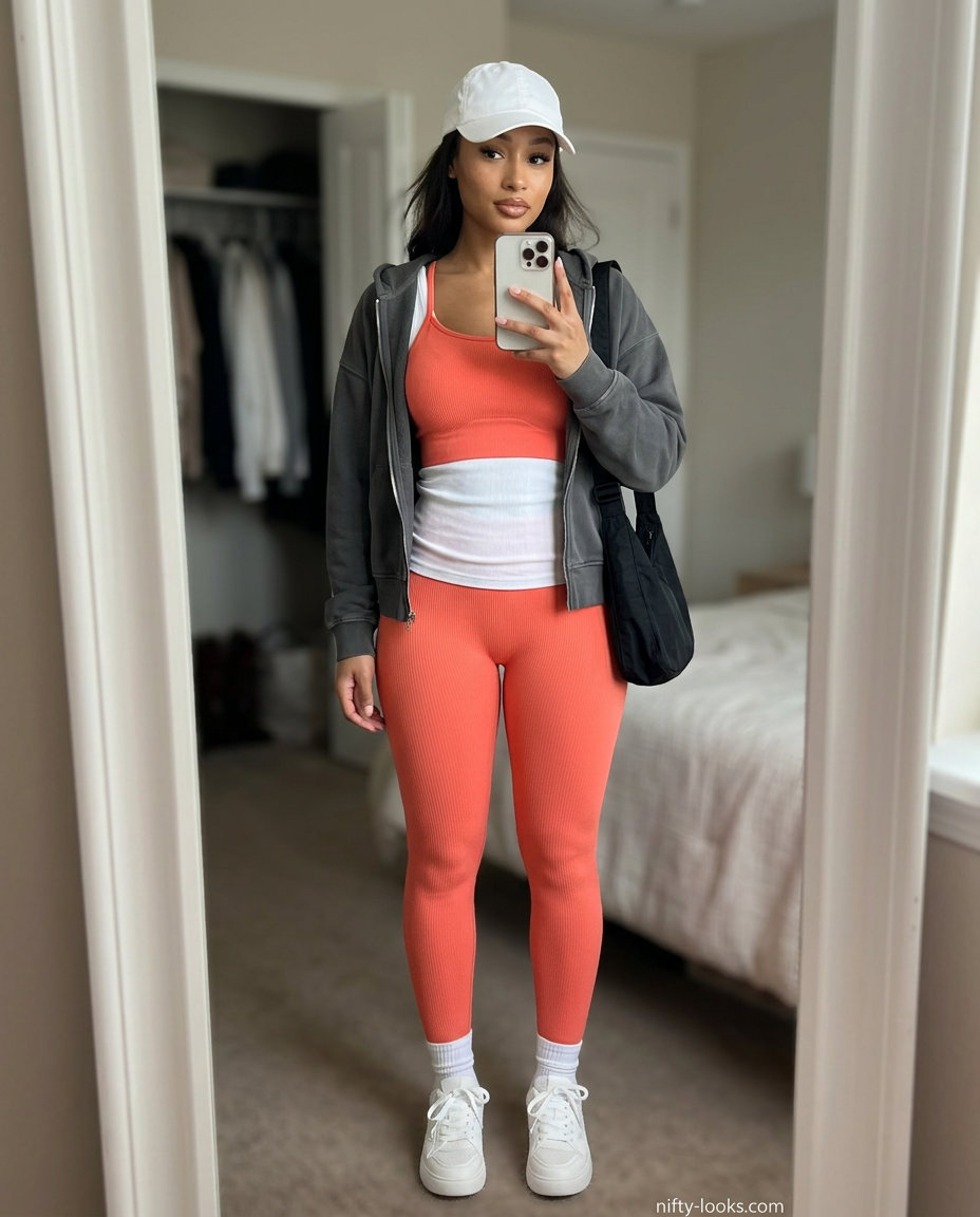 Summer Spaghetti Strap Tank Outfits 2026: Coral athleisure set, white cap, sneakers.