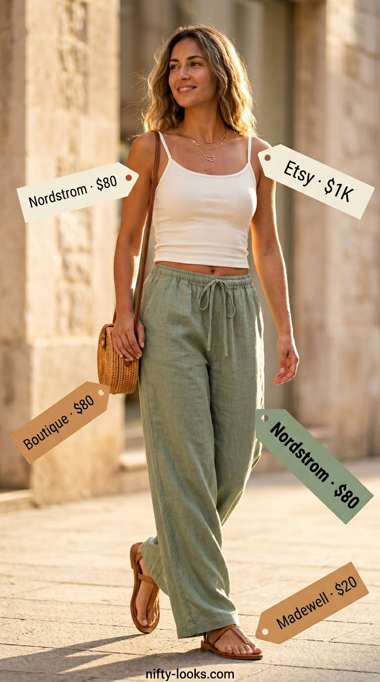 Summer Spaghetti Strap Tank Outfits 2026: Sage green linen pants, cream tank, tan sandals.