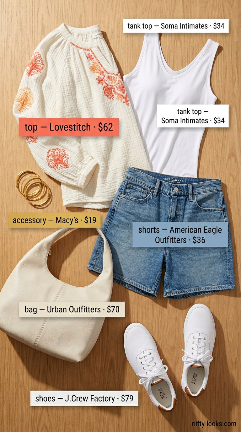 White spaghetti strap tank with denim shorts and peasant blouse for summer 2026, with sneakers.