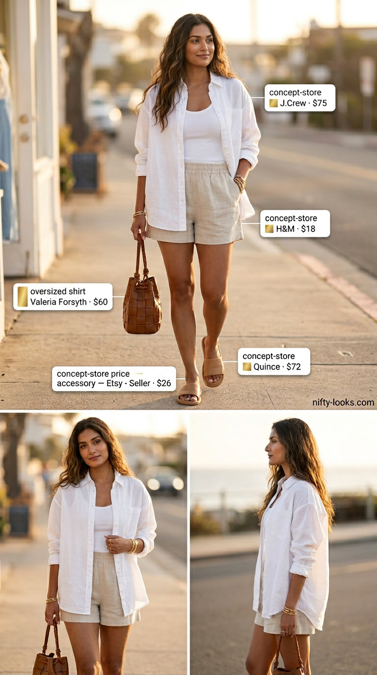 White oversized shirt and beige linen shorts for summer 2026, with tan slides and bucket bag.