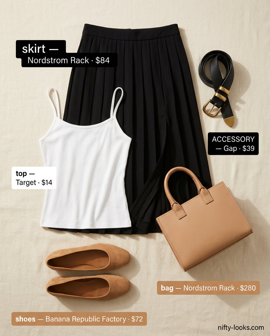 White spaghetti strap tank with black midi skirt for summer 2026, with ballet flats and tote.