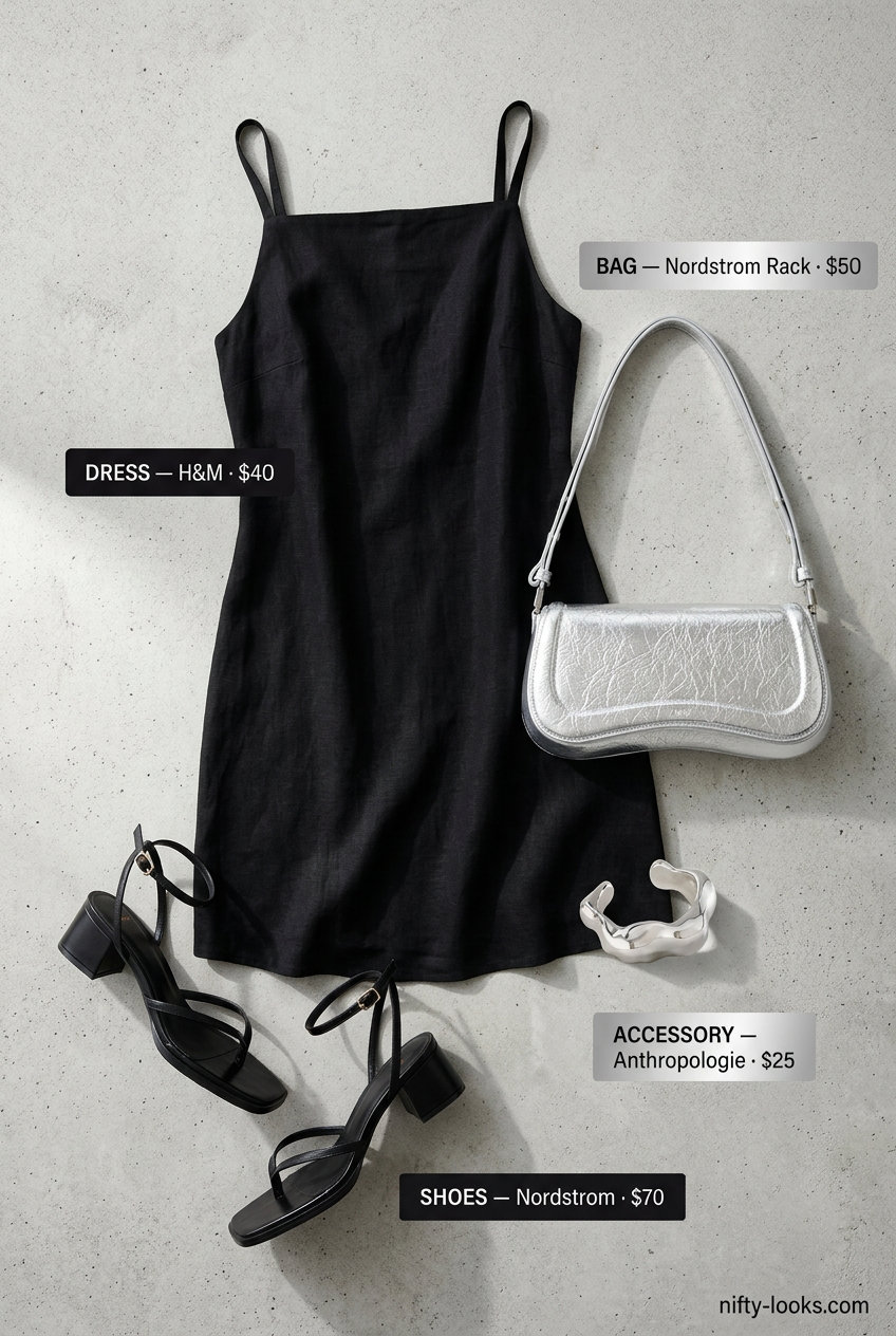 Summer spaghetti strap tank outfits 2026: Black linen mini dress with heeled sandals and silver bag for a chic evening.