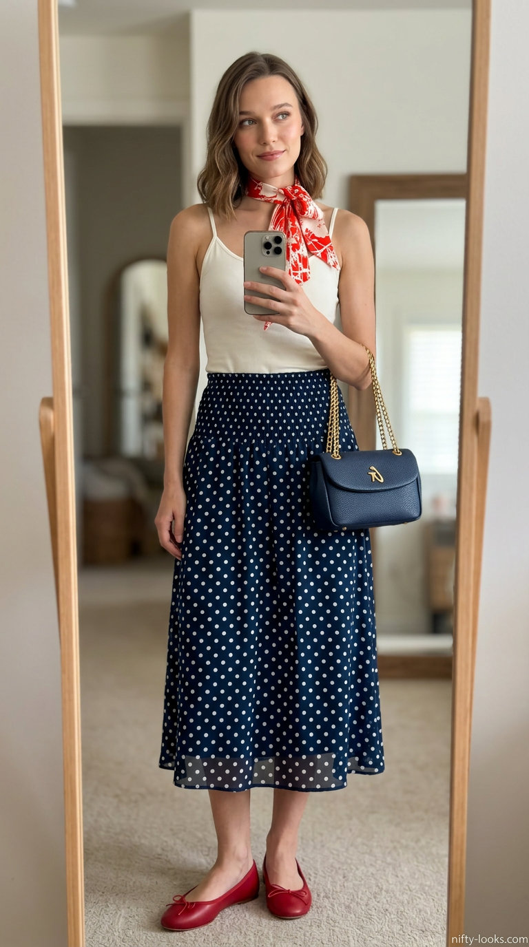 Summer Spaghetti Strap Tank Outfits 2026: Navy polka dot skirt, ivory tank, red scarf.