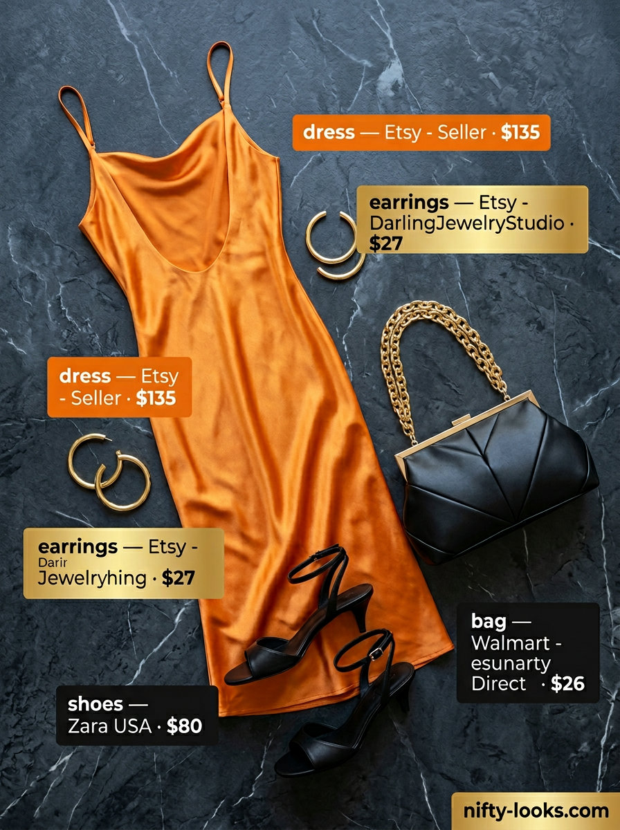 Mango orange satin spaghetti strap slip dress for summer 2026, with black heels and clutch.