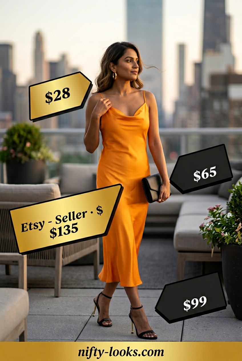Summer Spaghetti Strap Tank Outfits 2026: Mango orange slip dress, black heels, gold earrings.