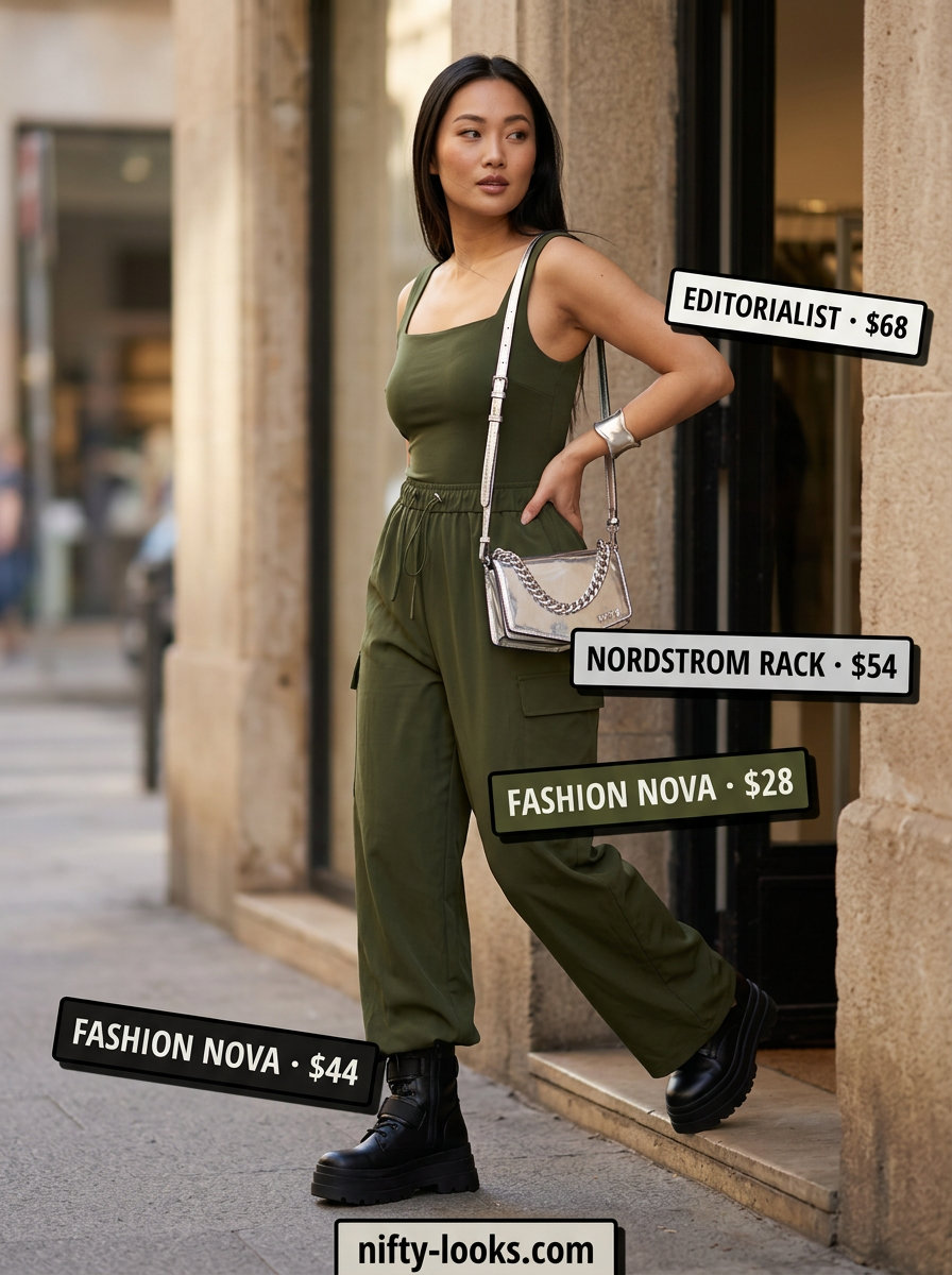 Summer Spaghetti Strap Tank Outfits 2026: Olive green utility jumpsuit, combat boots.