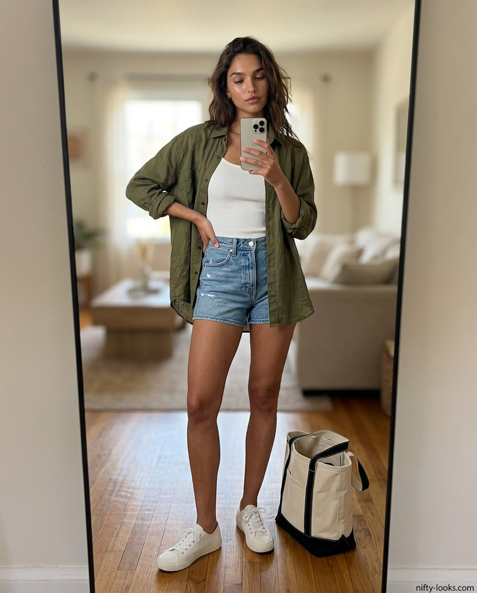 Summer spaghetti strap tank outfits 2026: White tank with denim shorts and linen shirt, styled with canvas tote and sneakers.