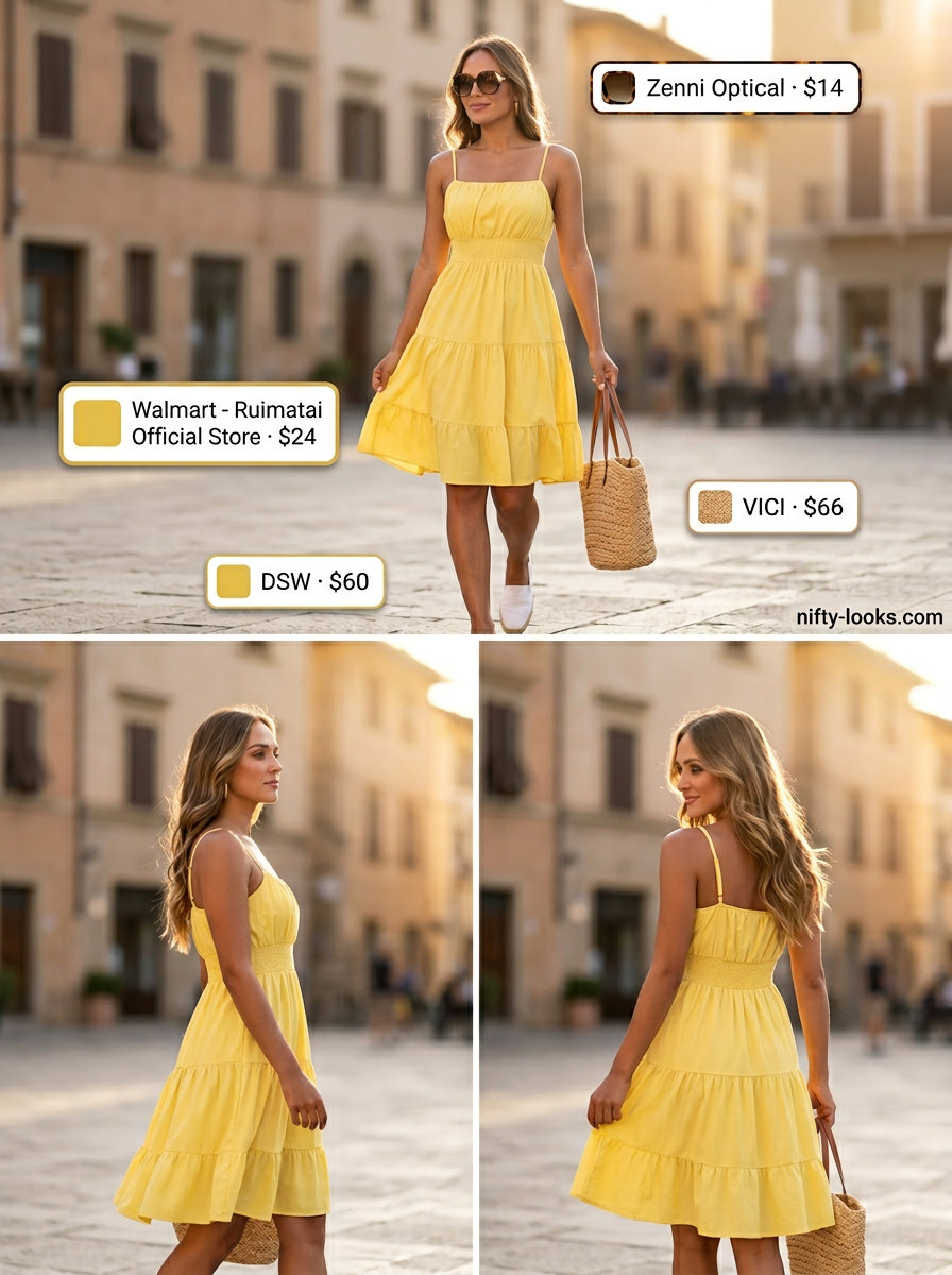 Yellow spaghetti strap tank mini dress for summer 2026, paired with white espadrilles, straw tote, and sunglasses.