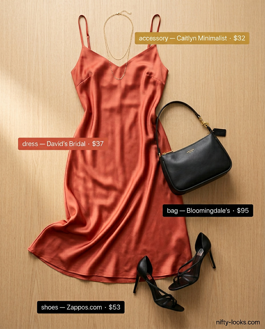Summer tied up shirt outfit for women 2026: Coral slip dress for dinner date with black heels & gold jewelry.