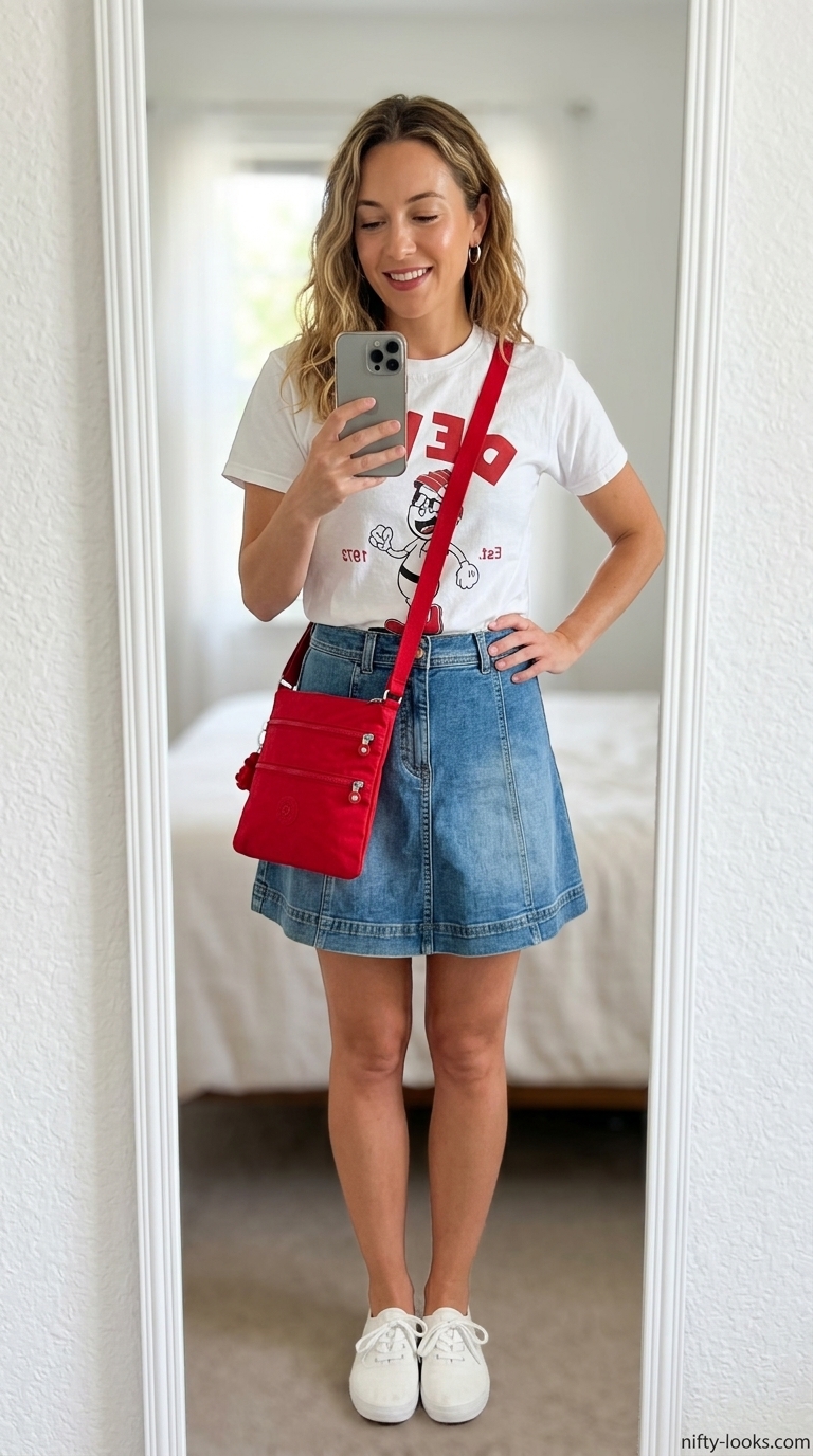 Summer tied up shirt outfit for women 2026: Denim mini skirt, graphic tee, sneakers for retro casual look.