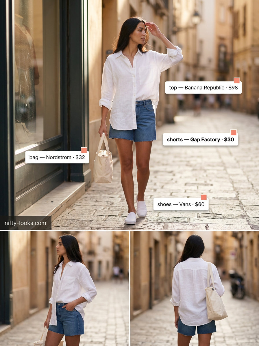 Summer tied up shirt outfit for women 2026: Denim shorts, oversized linen shirt for casual weekend look.