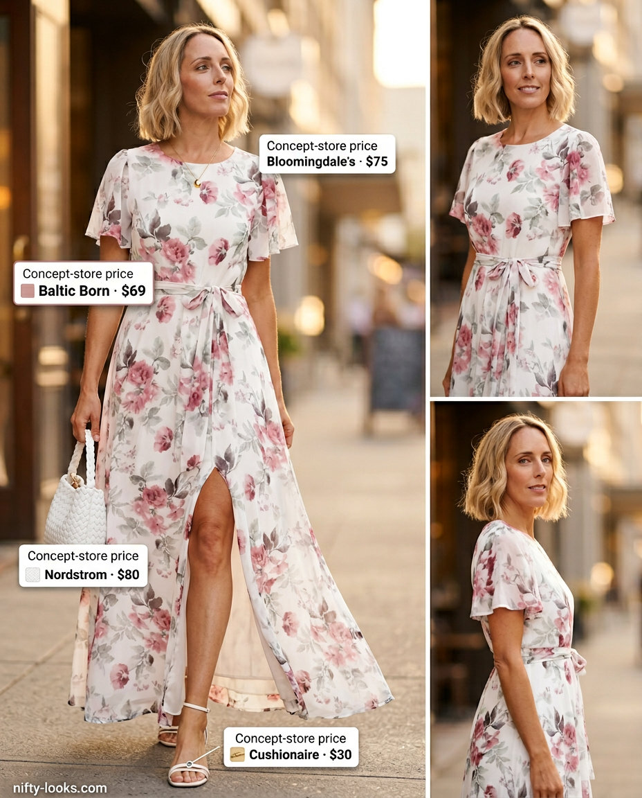 Summer Tied Up Shirt Outfits for Women 2026: Multi-color floral maxi dress with white sandals and straw bag.