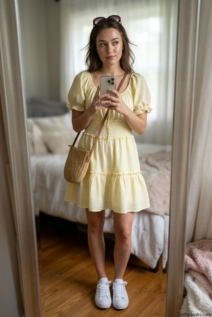Summer Tied Up Shirt Outfits for Women 2026: Yellow gingham mini dress with white sneakers and straw crossbody.