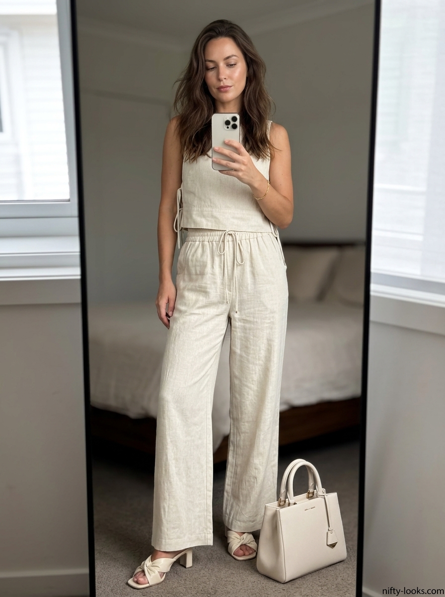 Summer Tied Up Shirt Outfits for Women 2026: Cream linen set with wide-leg pants and mules for a chic event.
