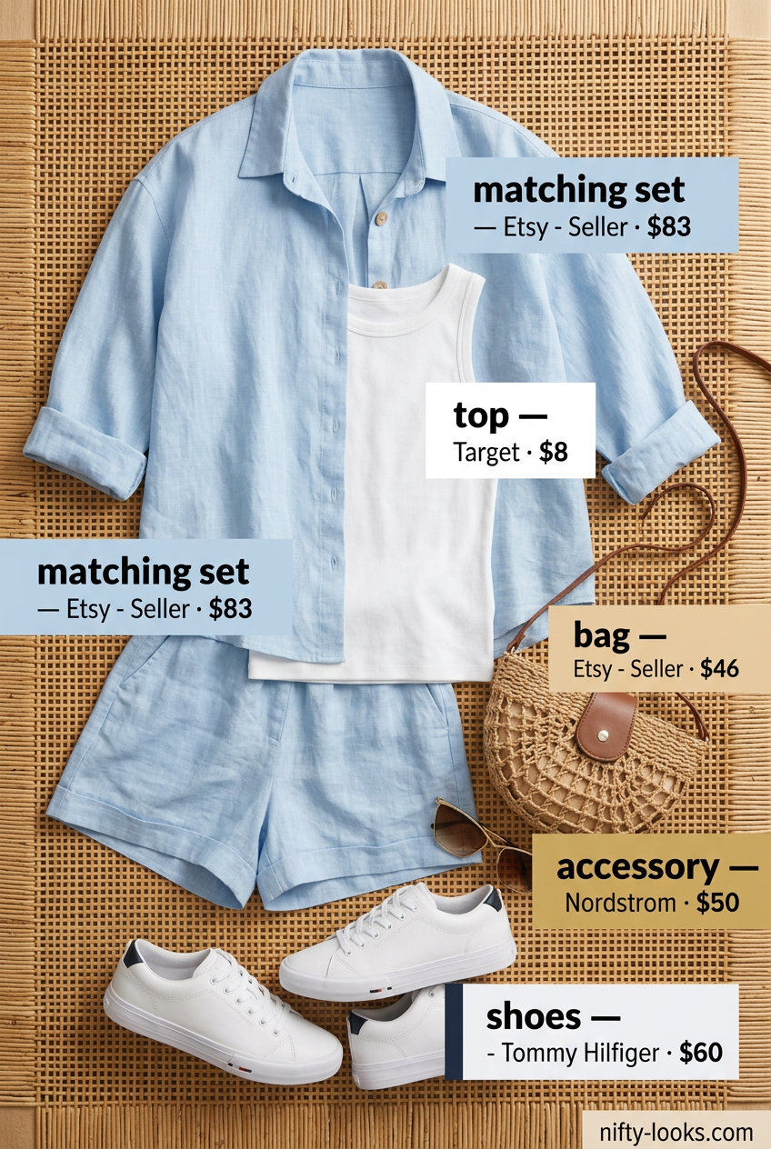 Summer tied up shirt outfit for women 2026: Pastel blue linen shorts set for weekend brunch with white tank & straw bag.