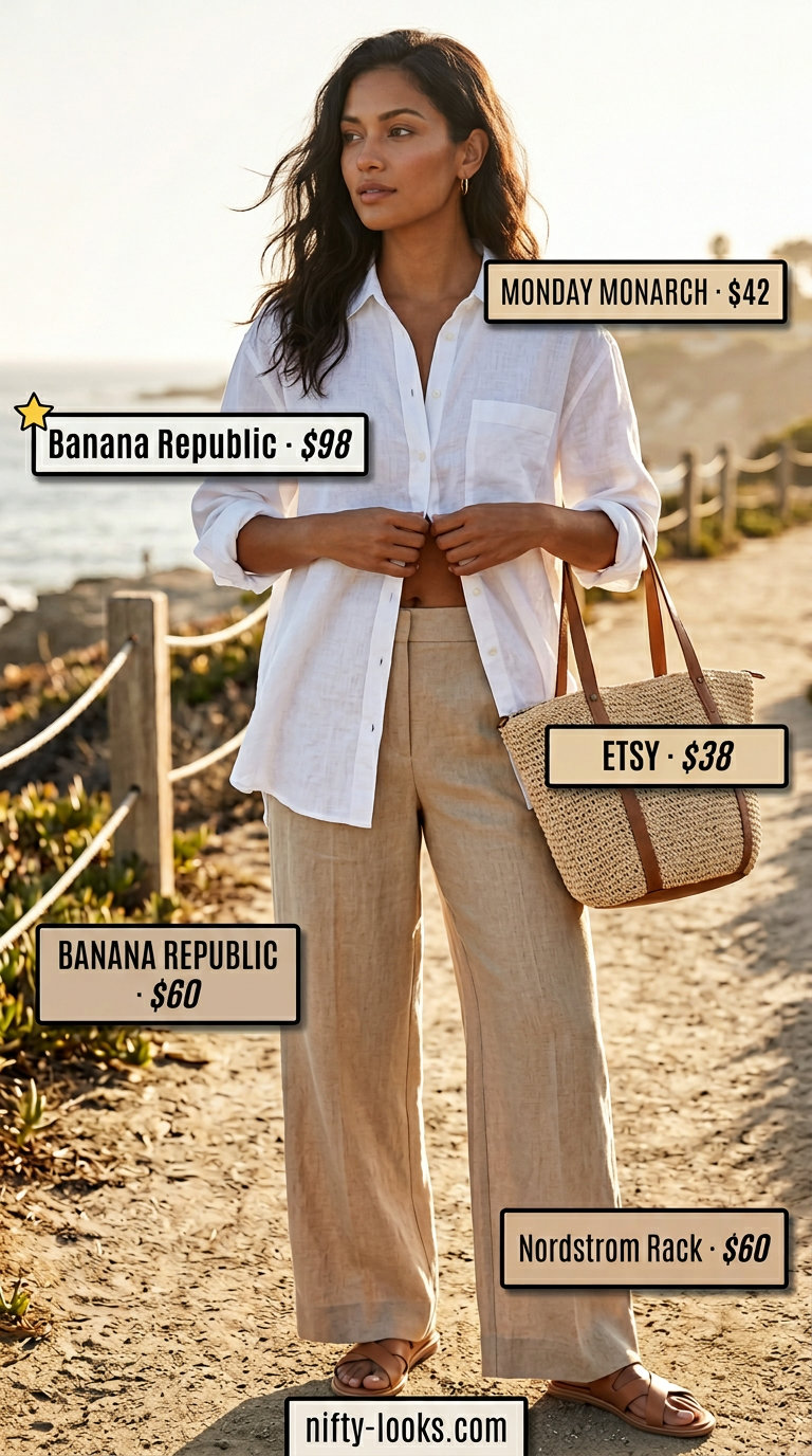 Summer Tied Up Shirt Outfits for Women 2026: White linen shirt tied at waist with beige pants and straw tote.