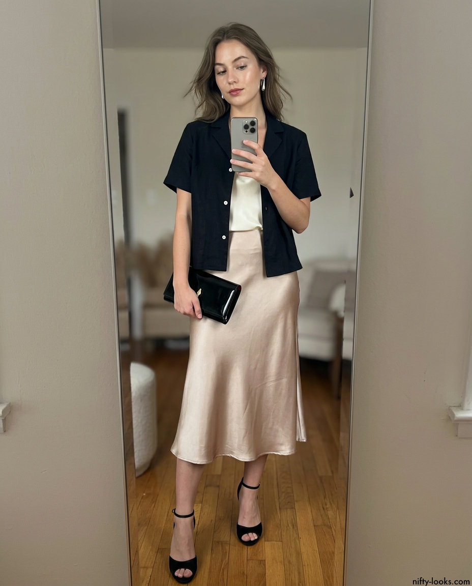 Summer Tied Up Shirt Outfits for Women 2026: Champagne satin slip skirt with silk camisole and stiletto heels.