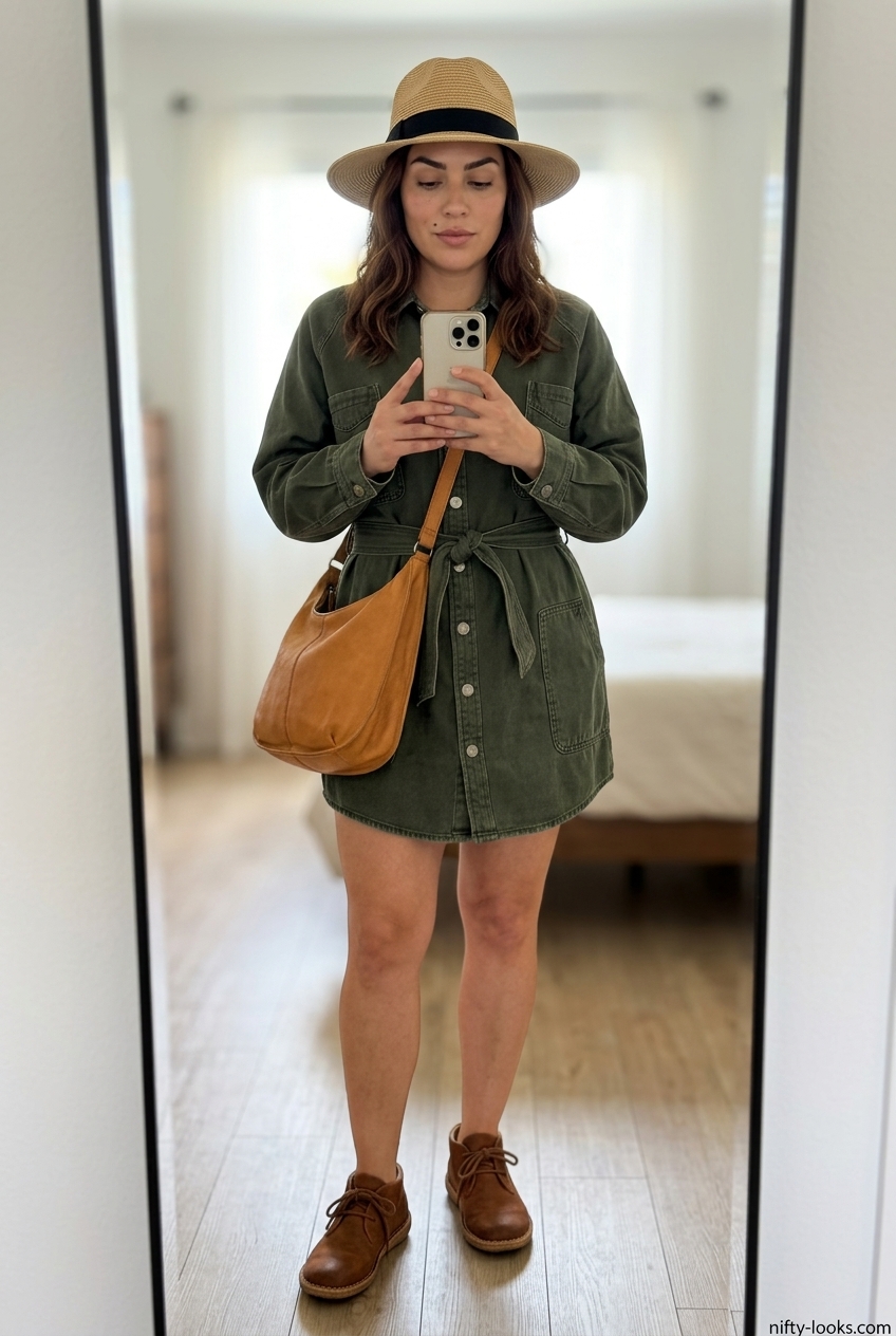 Summer Tied Up Shirt Outfits for Women 2026: Olive utility shirt dress with ankle boots and crossbody bag.