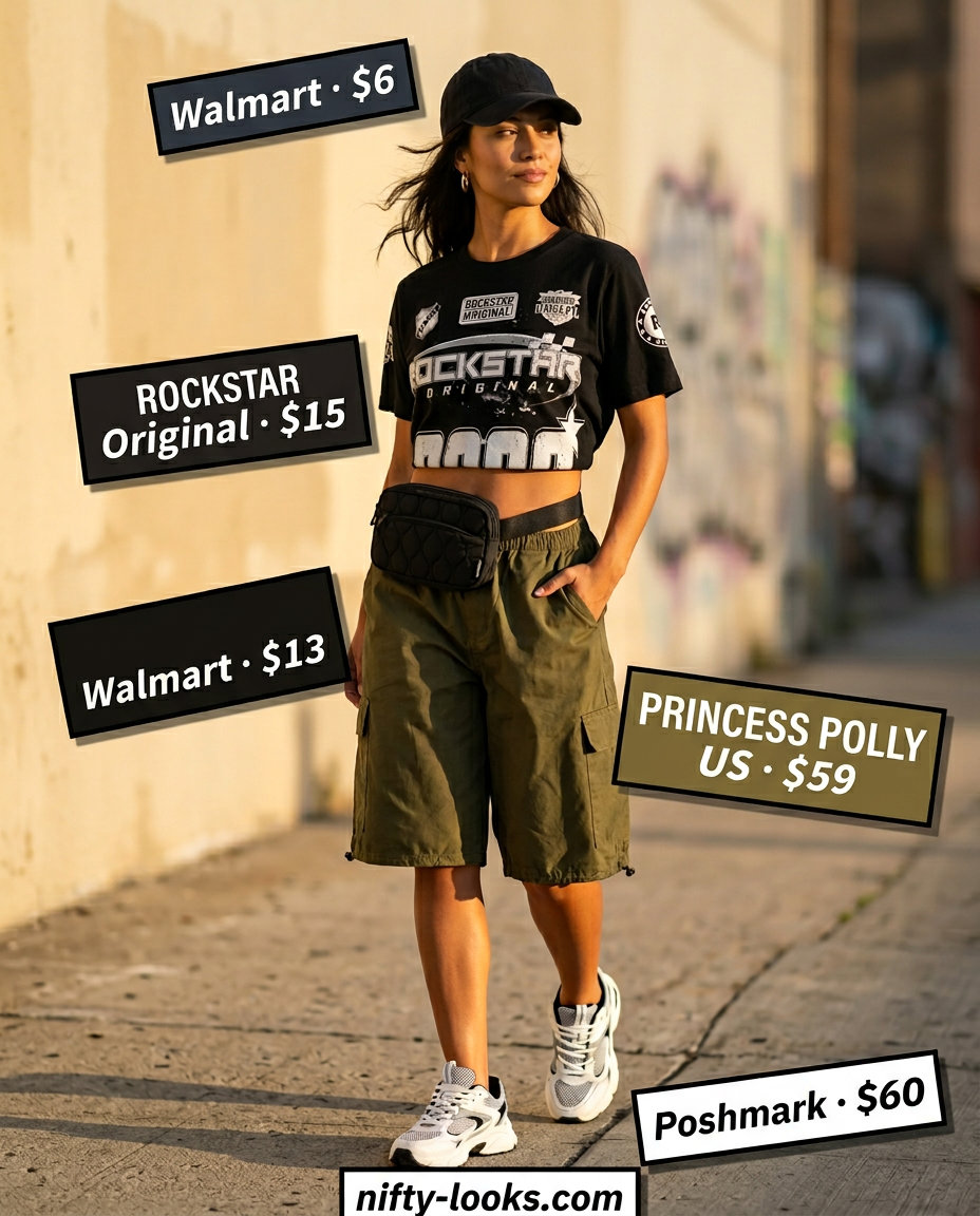 Summer Tied Up Shirt Outfits for Women 2026: Olive cargo shorts, graphic tee, and crossbody bag for city exploration.