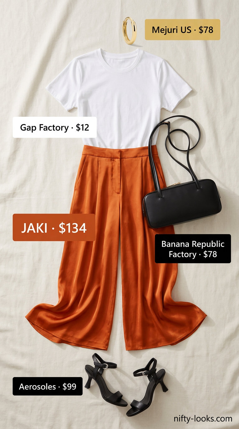 Summer tied up shirt outfit for women 2026: Sunset orange wide-leg pants, white tee, black heels for evening out.