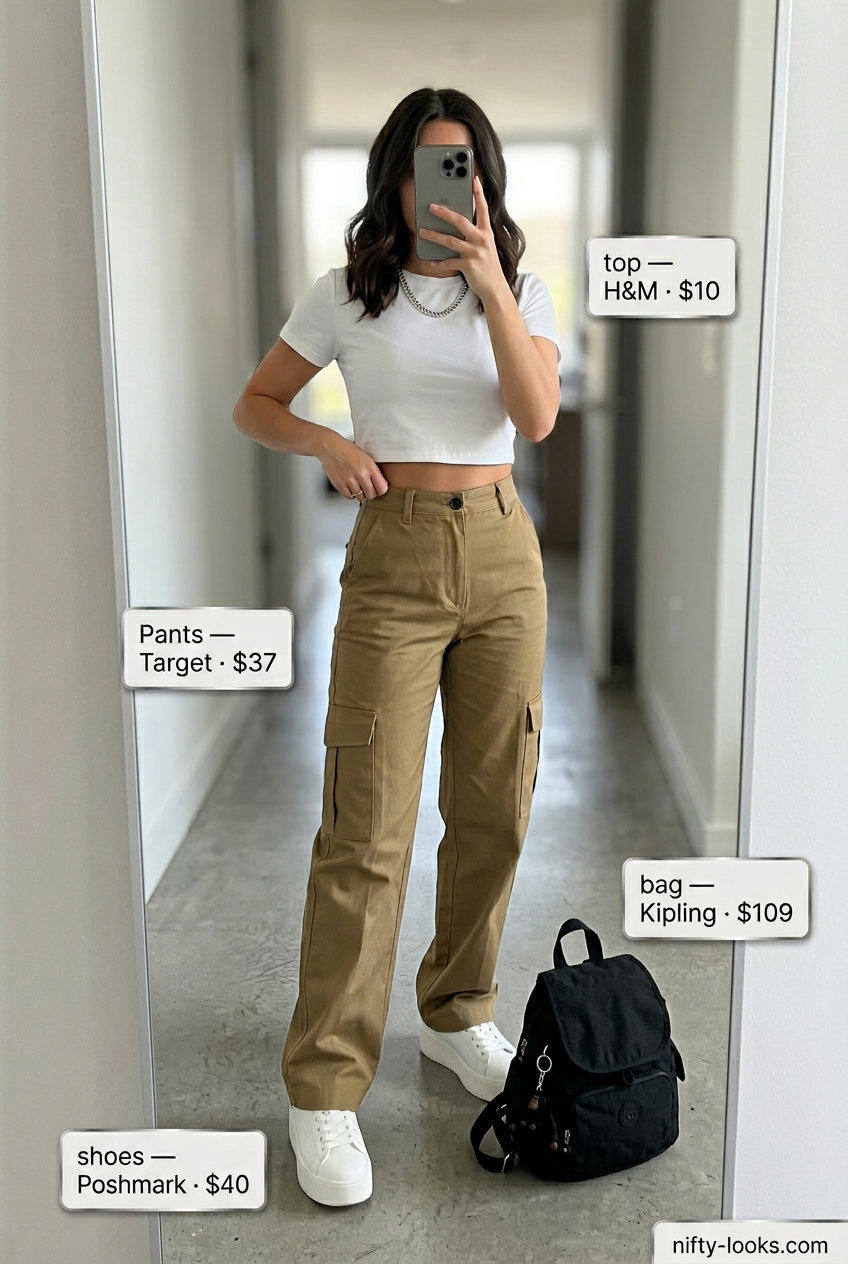 Beige cargo pants with a white cropped tee, trendy summer outfits for women 2026 streetwear.