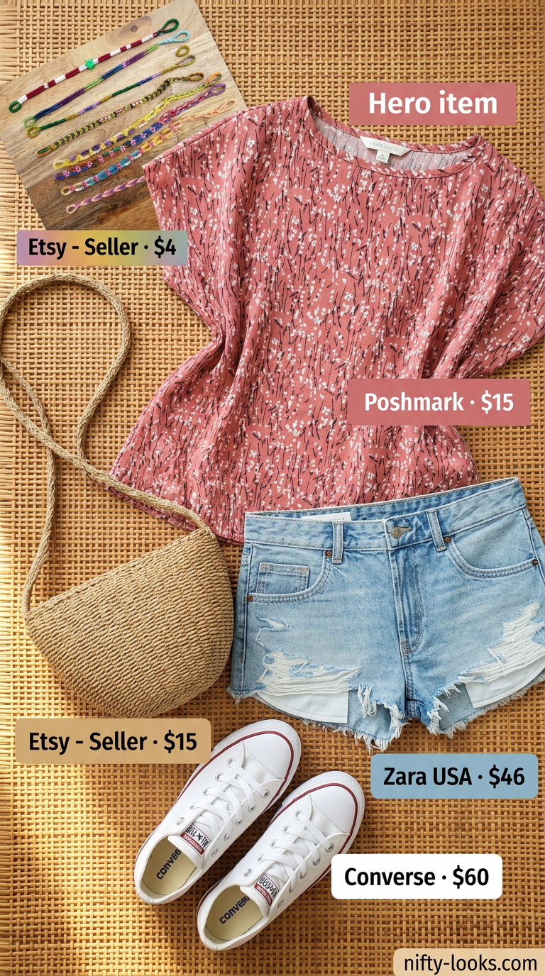 Coral pink floral tied-up shirt with denim shorts, perfect for summer outfits for women 2026 casual outings.