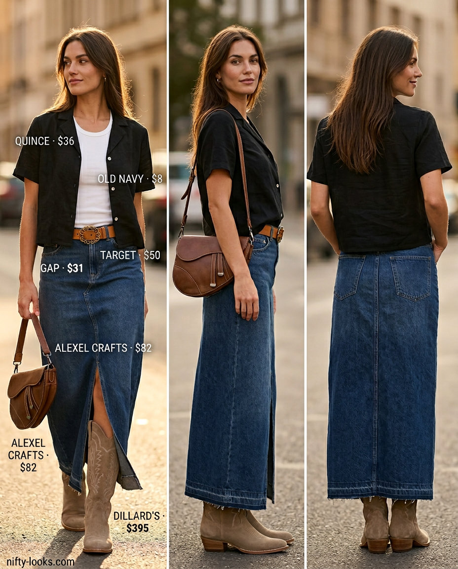 Denim maxi skirt with a white tank and a versatile tied-up shirt, edgy summer outfits for women 2026.