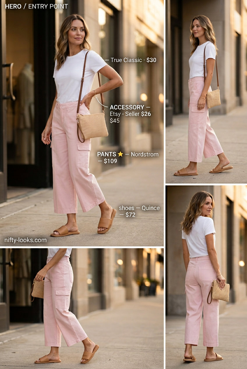 Blush pink wide-leg crop pants with a white tee, comfortable summer outfits for women 2026 casual.