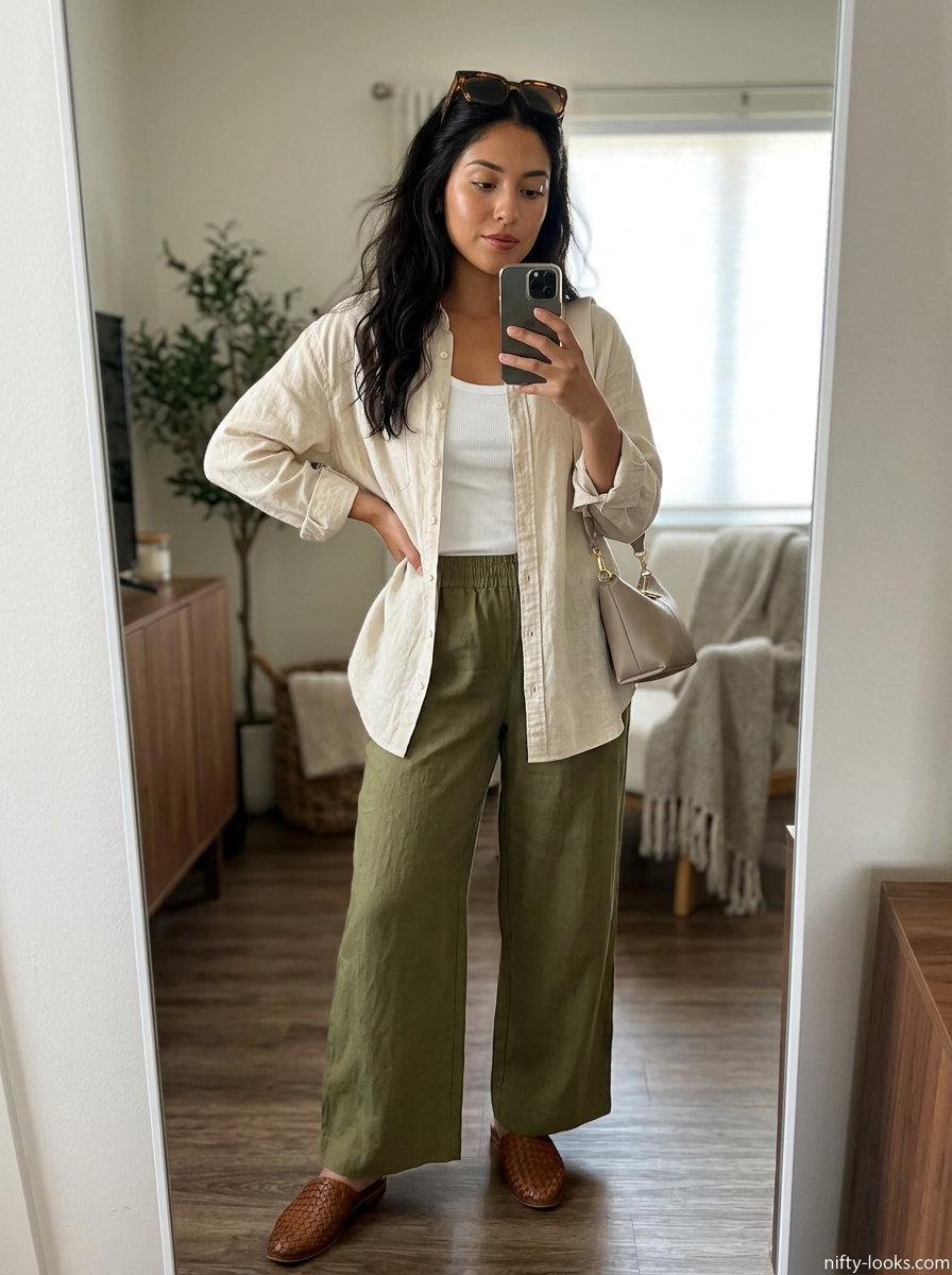 Olive green linen pants with a white tank and tied-up oversized shirt, chic summer outfits for women 2026 travel.