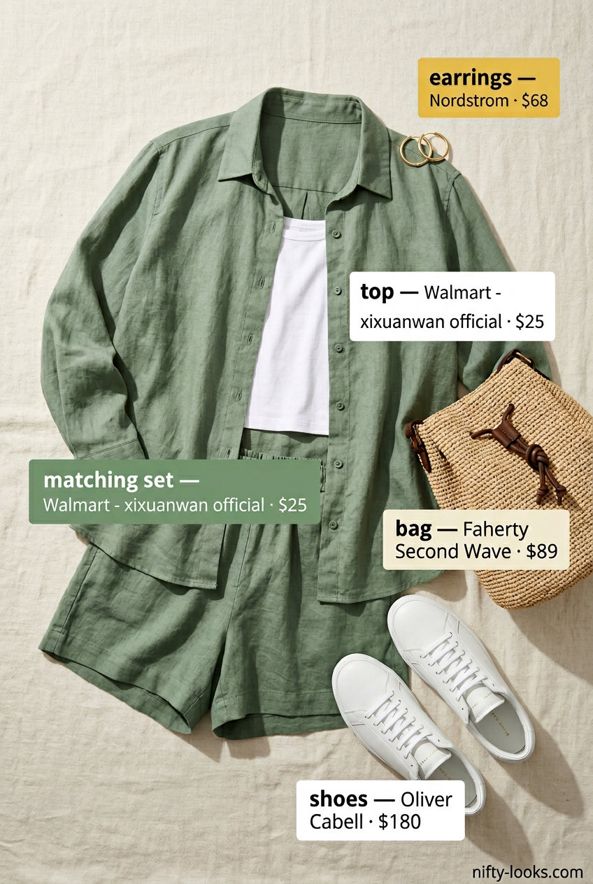 Sage green linen set with white sneakers, polished summer outfits for women 2026 resort.
