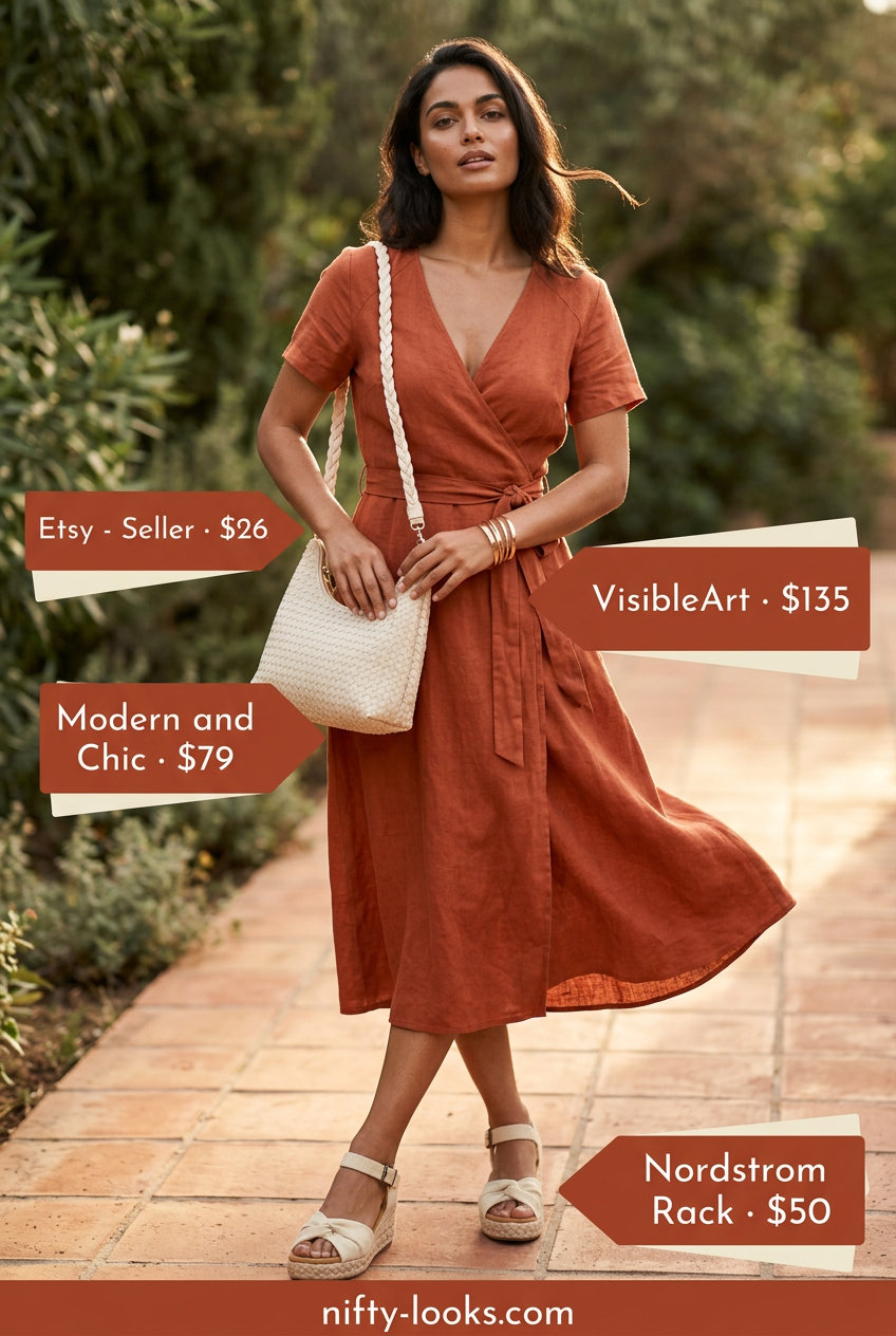 Terracotta linen wrap dress with espadrilles, effortless summer outfits for women 2026 vacation.