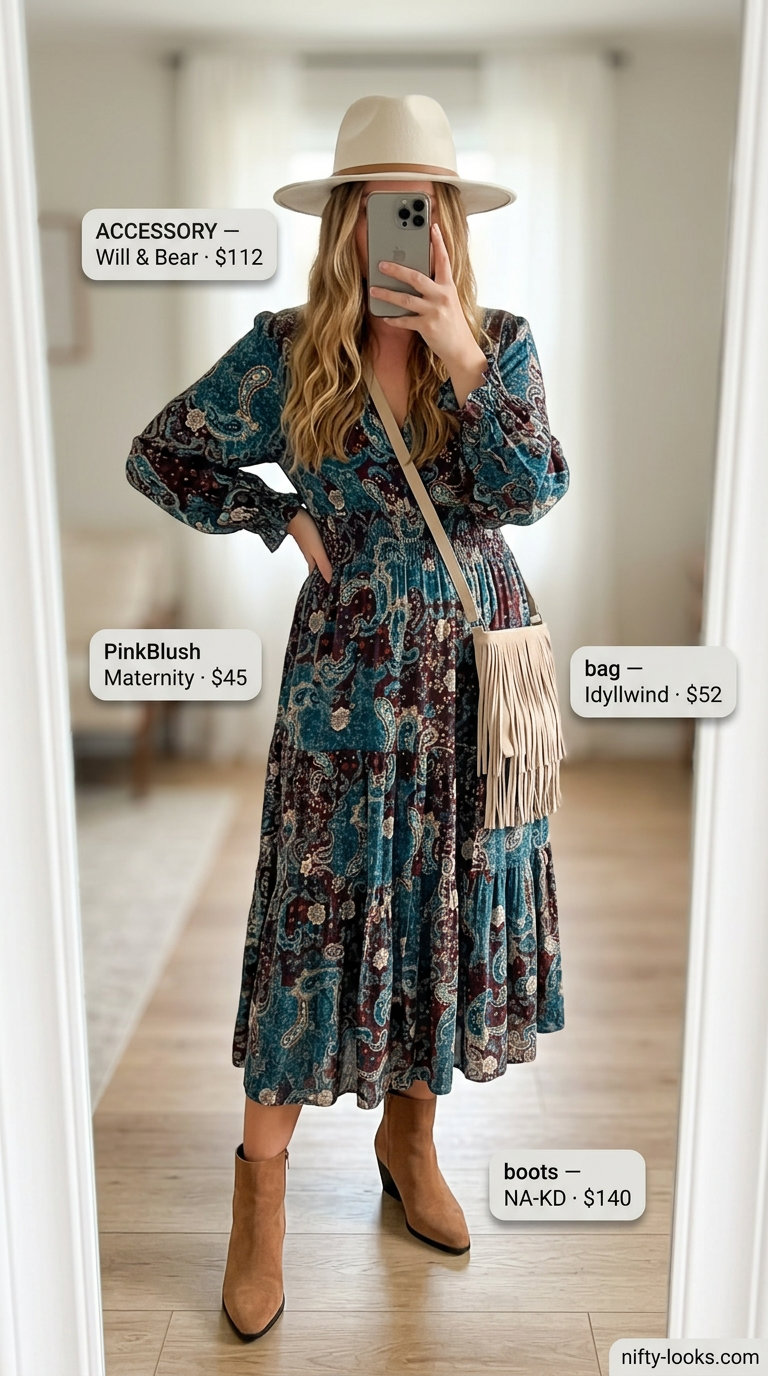 Boho paisley maxi dress with fringe bag, vibrant summer outfits for women 2026 festival.