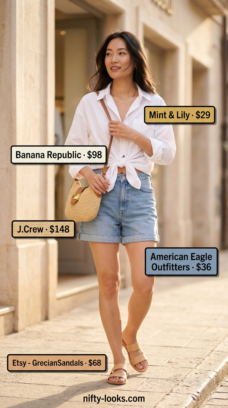 White tied-up button-down shirt with denim shorts, effortless summer outfits for women 2026 beach.