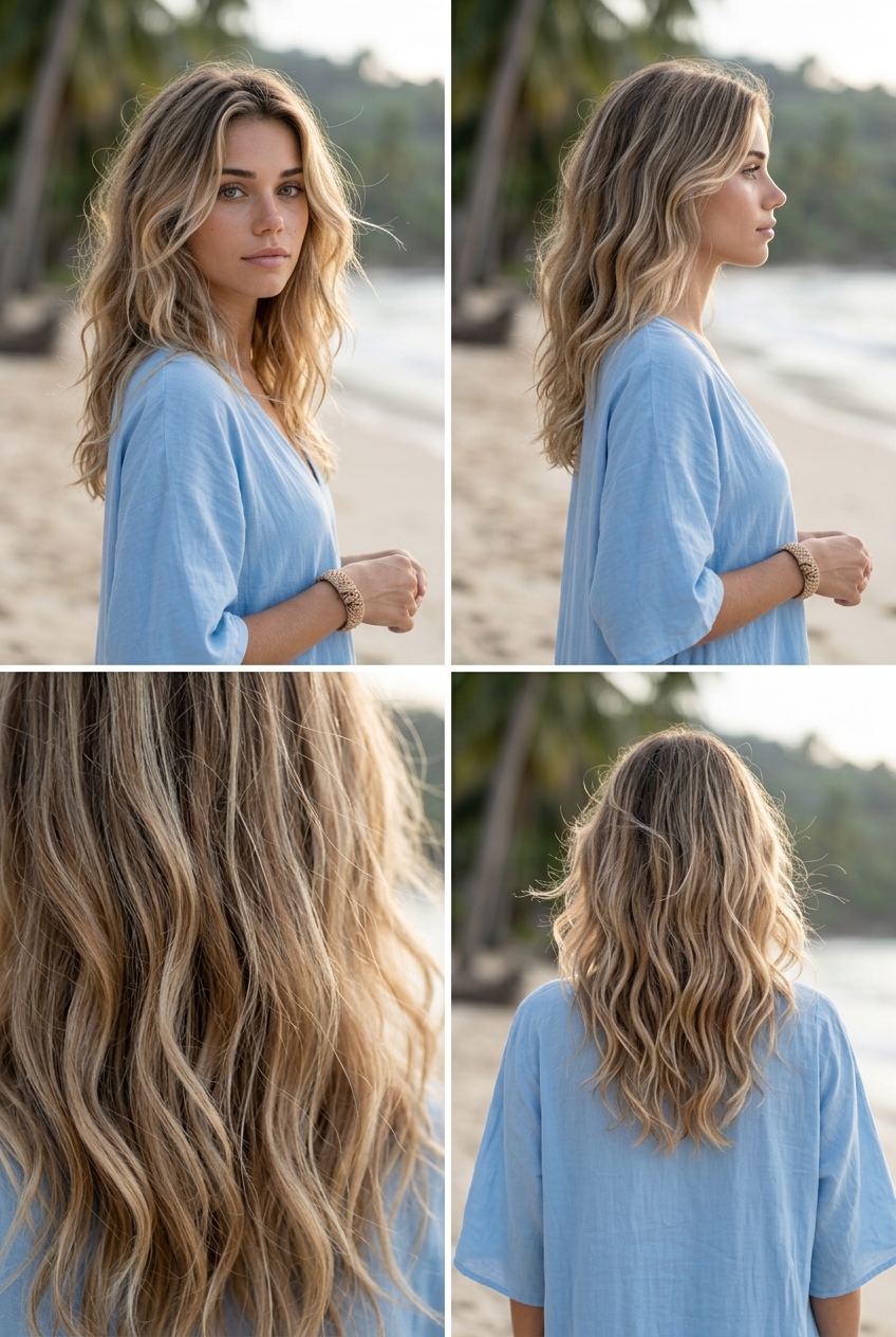 Air-Dried Beach Waves: Relaxed Summer 2026 long sun-kissed blonde air-dried beach waves with natural texture for beach vacation summer 2026