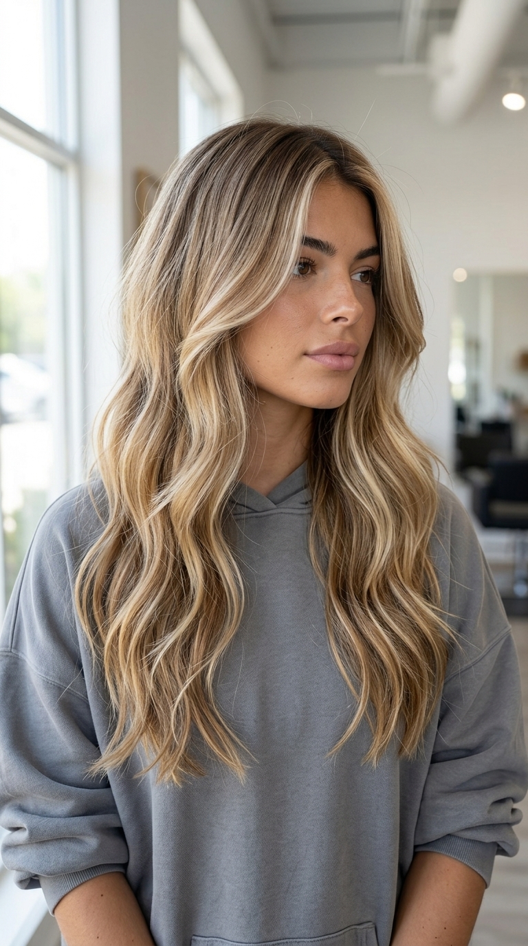 long sun-faded blonde balayage with golden brown lowlights, face-framing layers, no fringe — effortless & natural