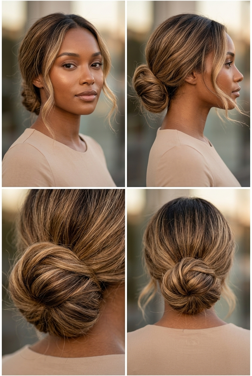 long sun-kissed blonde ombré wavy bun with loose ends for beach day