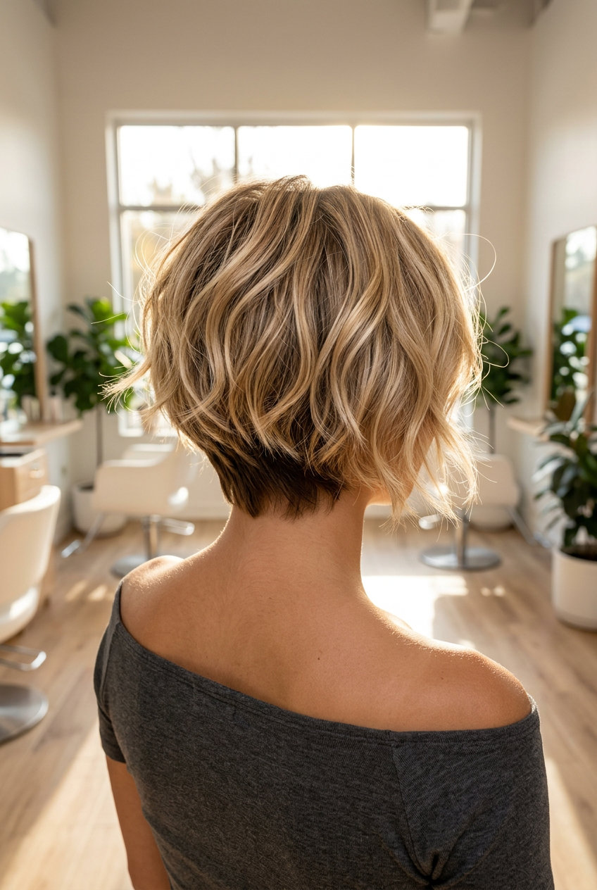 short choppy bixie haircut in sun-kissed blonde with creamy babylights for effortless style