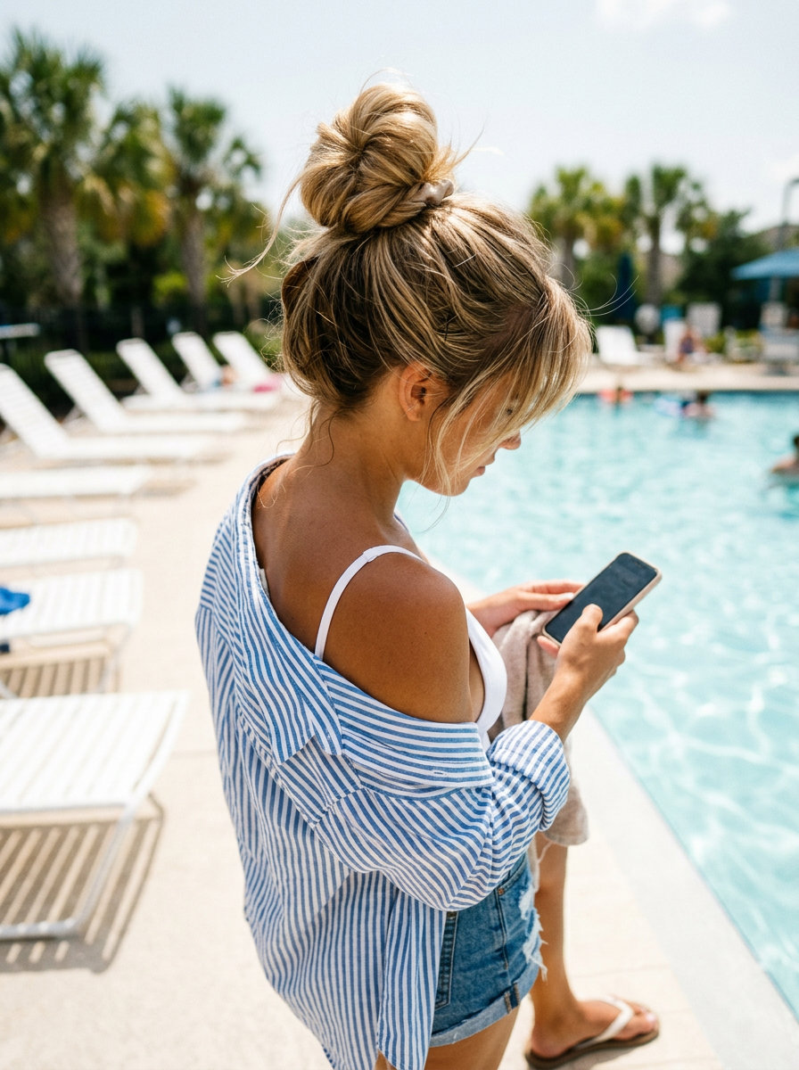 Effortless Beach Knot: Summer Hairstyle 2026 medium messy top knot with sun-kissed blonde, textured volume, face-framing pieces — casual summer vibe