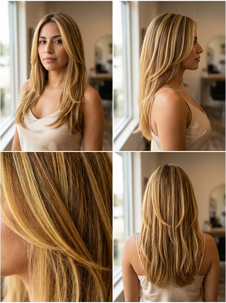long sunflower blonde chunky highlights on honey base with blunt ends