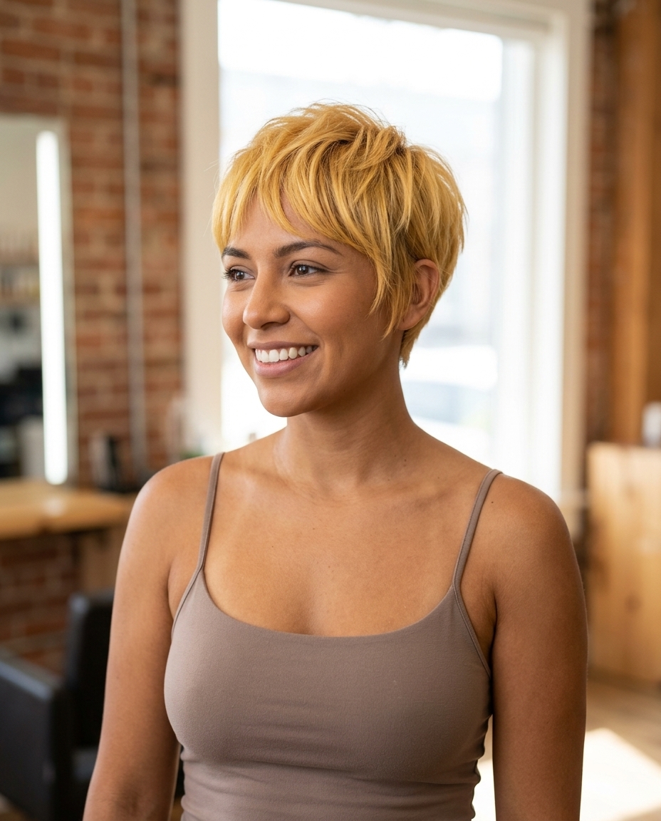 short sunflower blonde crop with choppy fringe and razored texture for festivals