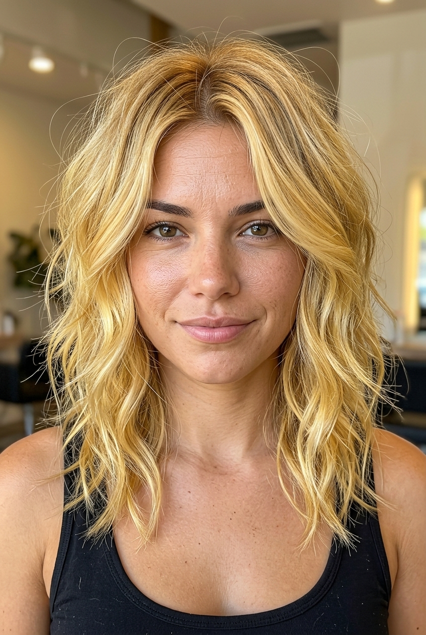 shoulder-length sunflower blonde shag with curtain bangs and bright gold highlights