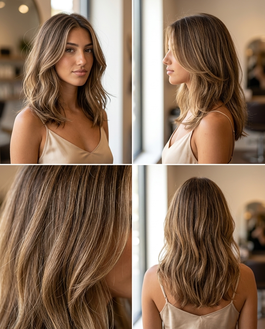 Syrup Bronde Highlights 2026 long layered bronde with scattered golden syrup highlights, micro-foilayage — playful, sun-kissed