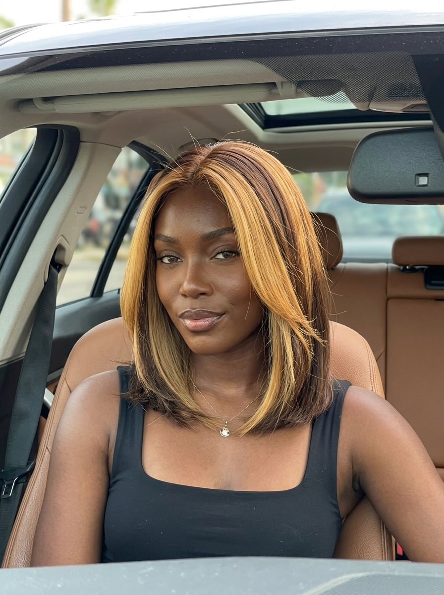 Syrup Bronde Color Blocking 2026 razored bob bronde with bold golden syrup blocks, color blocking — bold, edgy