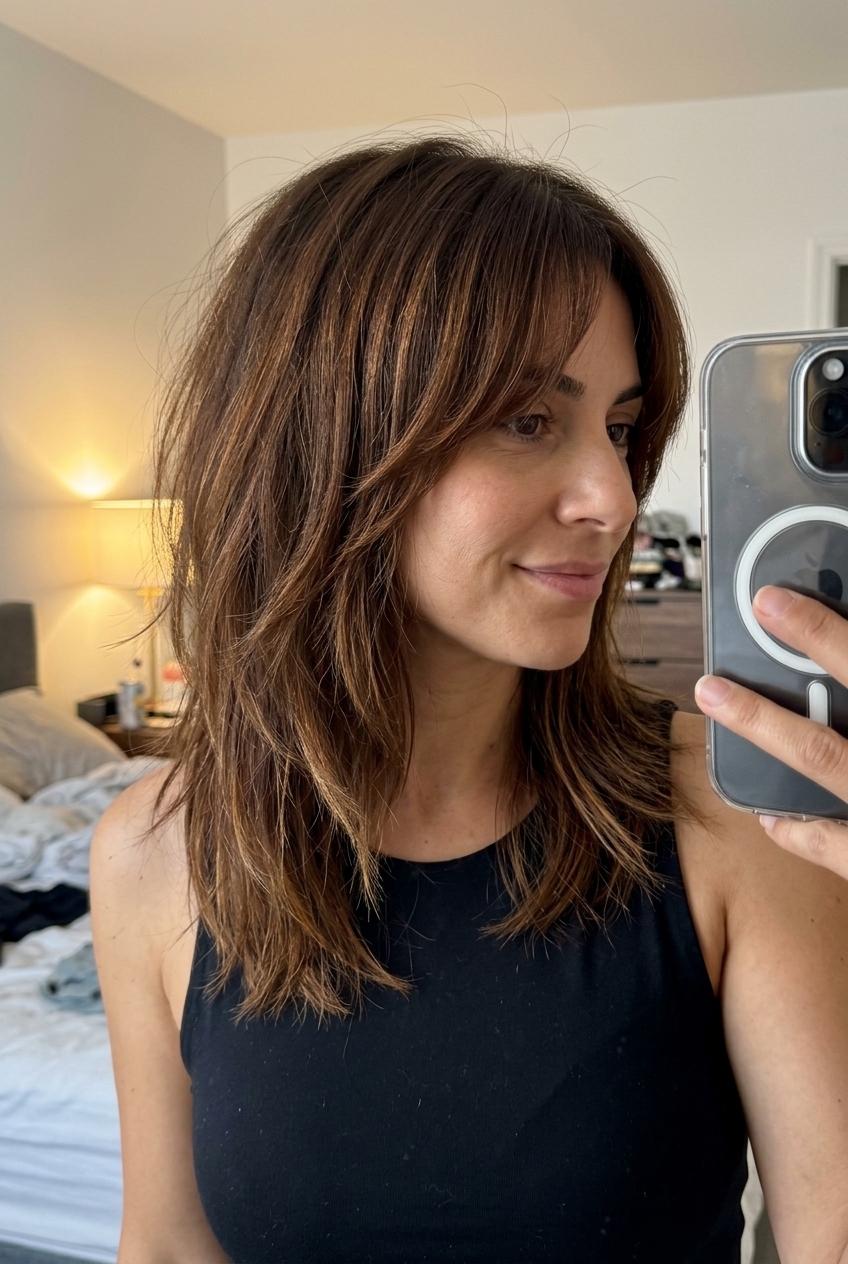 Syrup Brunette Shag: Bohemian Summer Hair collarbone-length shag haircut in syrup brunette with amber ribbons and curtain bangs for bohemian look