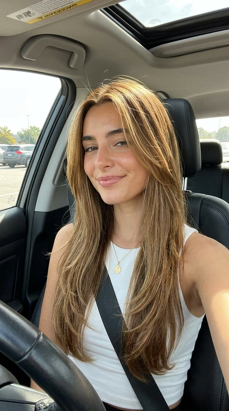 long syrup brunette hair with honey halo highlights and flowing layers for summer weddings