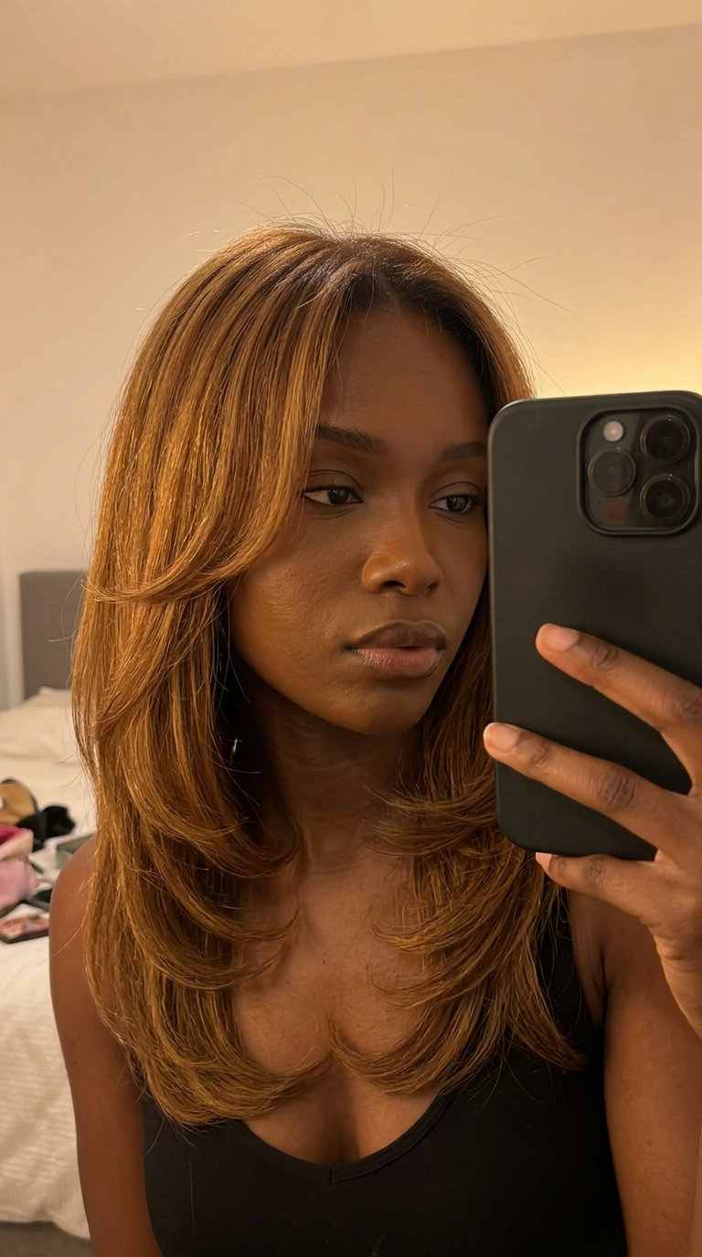 medium syrup brunette hair with golden-amber undertones, C-curve layers, curtain bangs — retro chic