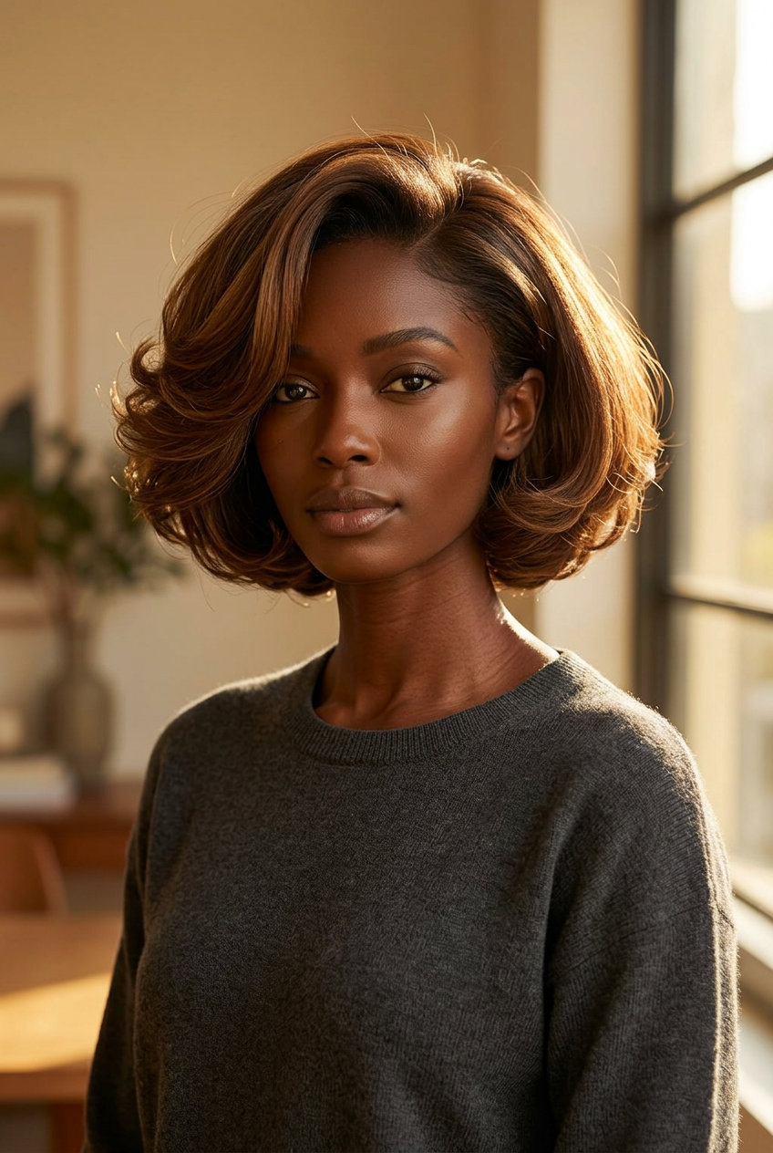 short bob haircut syrup brunette with golden-red undertones, internal layers, rounded shape — glamorous formal event